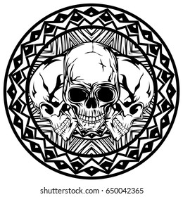 Abstract vector illustration black and white skulls on round ornament. Design for tattoo or print t shirt.