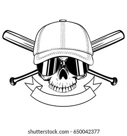 Abstract vector illustration black and white skull without lower jaw in sunglasses and baseball cap on crossed baseball bats. Design for tattoo or print t-shirt.