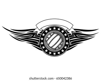 Abstract vector illustration black and white volleyball ball and tribal wings . Design for tattoo or print t-shirt .
