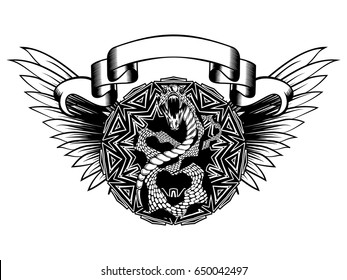 Abstract vector illustration black and white snake with open mouth and round ornament on wings. Design for print on fabric or t-shirt.