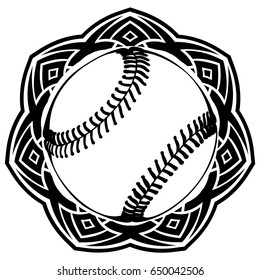 Abstract vector illustration black and white baseball ball on round ornament. Design for tattoo or print t shirt.