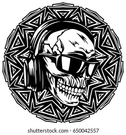 Abstract vector illustration black and white dj skull with headphones and sunglasses on round ornament. Design for tattoo or print t shirt.