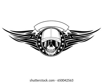 Abstract vector illustration black and white skull in sunglasses and baseball cap on round frame with stars and tribal wings. Design for tattoo or print t-shirt.
