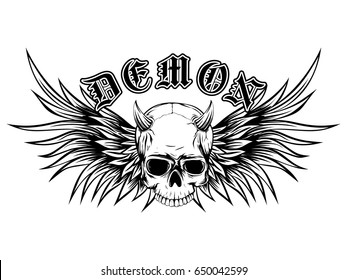 Abstract vector illustration black and white horned skull with wings. Inscription demon in the Gothic style. Design for tattoo or print t-shirt .