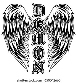 Abstract vector illustration black and white wings and inscription demon in the Gothic style. Design for tattoo or print t-shirt .