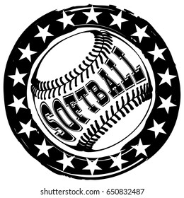 Abstract vector illustration black and white stamp baseball ball and stars. Inscription softball. Design for tattoo or print t-shirt.