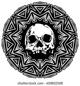 Abstract vector illustration black and white skull on round ornament. Design for tattoo or print t shirt.