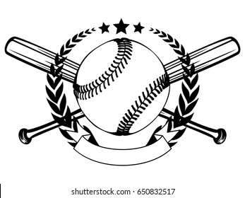 Abstract vector illustration black and white baseball ball and crossed bats and wreath. Design for tattoo or print t-shirt.