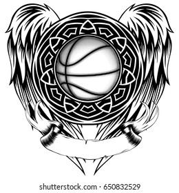 Abstract vector illustration black and white basketball ball on round ornament and wings. Design for tattoo or print t shirt.