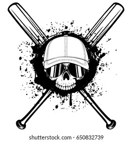 Abstract vector illustration black and white skull without lower jaw in sunglasses and baseball cap on crossed baseball bats. Design for tattoo or print t-shirt.