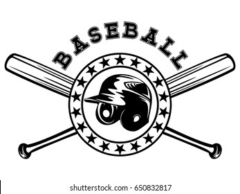 Abstract vector illustration black and white baseball helmet and crossed bats. Inscription baseball. Design for tattoo or print t-shirt.