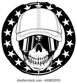 Abstract vector illustration black and white skull in sunglasses and baseball cap on grunge frame with stars. Design for tattoo or print t-shirt.