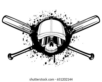 Abstract vector illustration black and white skull without lower jaw in sunglasses and baseball cap on crossed baseball bats. Design for tattoo or print t-shirt.