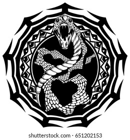 Abstract vector illustration black and white snake with open mouth on round ornament. Design for tattoo or print t shirt.