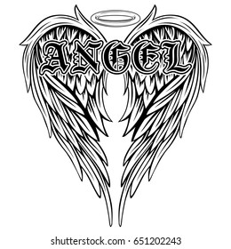 Abstract vector illustration black and white wings and inscription angel in the Gothic style. Design for tattoo or print t-shirt .