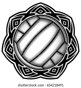 Abstract vector illustration black and white volleyball ball on round ornament. Design for tattoo or print t shirt.