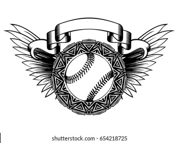 Abstract vector illustration black and white baseball ball on round ornament and wings. Design for tattoo or print t shirt.