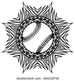 Abstract vector illustration black and white baseball ball on round ornament. Design for tattoo or print t shirt.