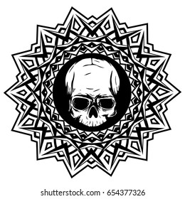 Abstract vector illustration black and white skull on round ornament. Design for tattoo or print t shirt.