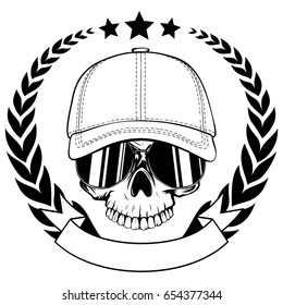 Abstract vector illustration black and white skull without lower jaw in sunglasses and baseball cap and wreath. Design for tattoo or print t-shirt.