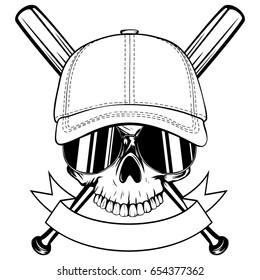 Abstract vector illustration black and white skull without lower jaw in sunglasses and baseball cap on crossed baseball bats. Design for tattoo or print t-shirt.