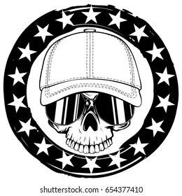 Abstract vector illustration black and white skull without lower jaw in sunglasses and baseball cap on grunge frame with stars. Design for tattoo or print t-shirt.