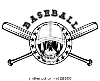 Abstract vector illustration black and white skull in sunglasses and baseball cap on round frame with stars and crossed baseball bats. Inscription baseball. Design for tattoo or print t-shirt.