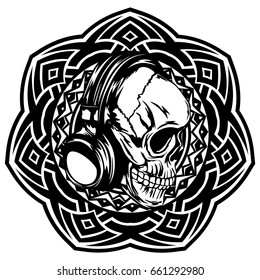 Abstract vector illustration black and white skull with headphone on round ornament. Design for tattoo or print t shirt.