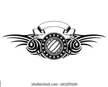 Abstract vector illustration black and white volleyball ball and tribal wings . Design for tattoo or print t-shirt .