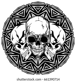 Abstract vector illustration black and white skulls on round ornament. Design for tattoo or print t shirt.