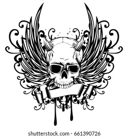 Abstract vector illustration black and white horned skull demon with wings. Design for tattoo or print t-shirt .