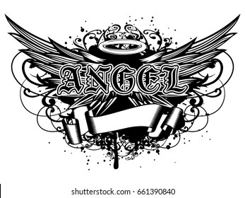 Abstract vector illustration black and white wings on grunge patterns and inscription angel in the Gothic style. Design for tattoo or print t-shirt .