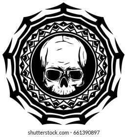 Abstract vector illustration black and white skull on round ornament. Design for tattoo or print t shirt.