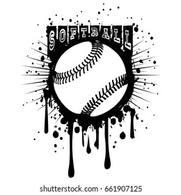 Abstract vector illustration black and white baseball ball on grunge background. Inscription softball. Design for tattoo or print t-shirt.