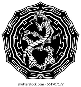 Abstract vector illustration black and white snake with open mouth on round ornament. Design for tattoo or print t shirt.