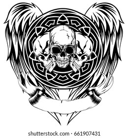 Abstract vector illustration black and white human skulls and round ornament on wings. Design for tattoo or print t shirt.
