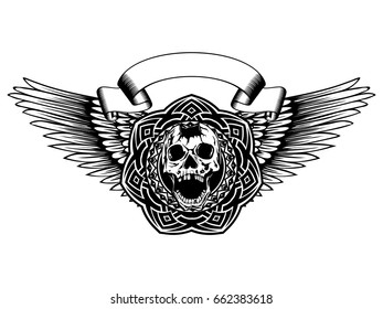 Abstract vector illustration black and white broken skull with open jaw and round ornament on wings. Design for tattoo or print t shirt.