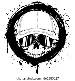 Abstract vector illustration black and white skull without lower jaw in sunglasses and baseball cap on grunge background. Design for tattoo or print t-shirt.