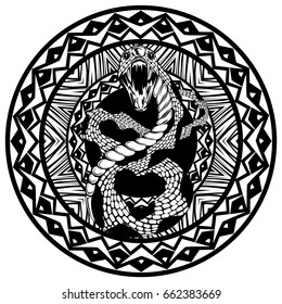 Abstract vector illustration black and white snake with open mouth on round ornament. Design for tattoo or print t shirt.