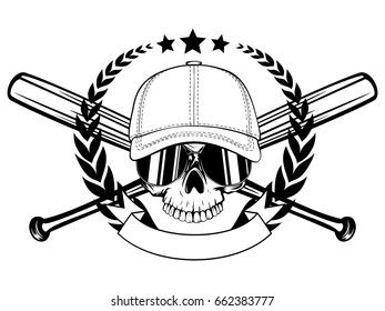 Abstract vector illustration black and white skull without lower jaw in sunglasses and baseball cap on crossed baseball bats and wreath. Design for tattoo or print t-shirt.