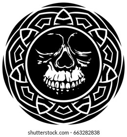 Abstract vector illustration black and white skull on round ornament. Design for tattoo or print t shirt.
