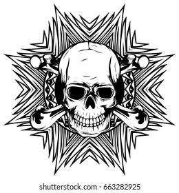 Abstract vector illustration black and white human skull with crossed bones on round ornament. Design for tattoo or print t shirt.