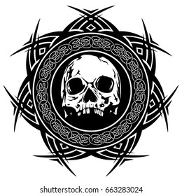 Abstract vector illustration black and white skull on round ornament with celtic knots. Design for tattoo or print t shirt.