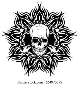 Abstract vector illustration black and white human skull with crossed bones on round ornament. Design for tattoo or print t shirt.