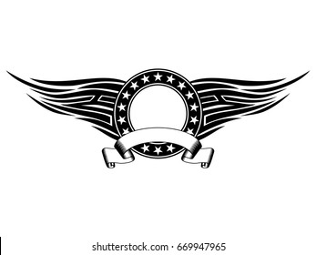 Abstract vector illustration black and white round frame with stars and tribal wings . Design for tattoo or print t-shirt .