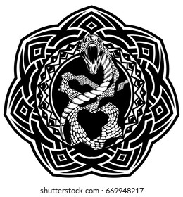 Abstract vector illustration black and white snake with open mouth on round ornament. Design for tattoo or print t shirt.