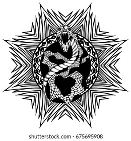 Abstract vector illustration black and white snake with open mouth on round ornament. Design for tattoo or print t shirt.