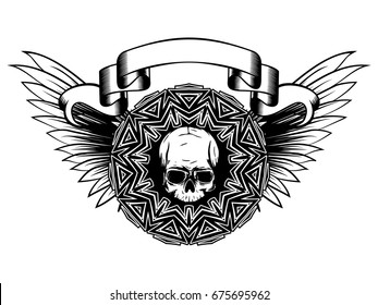 Abstract vector illustration black and white human skull and round ornament on wings. Design for tattoo or print t shirt.
