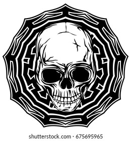 Abstract vector illustration black and white skull on round ornament. Design for tattoo or print t shirt.