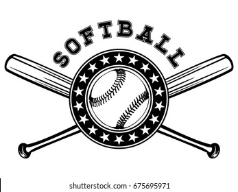 Abstract vector illustration black and white baseball ball and crossed bats. Inscription softball. Design for tattoo or print t-shirt.